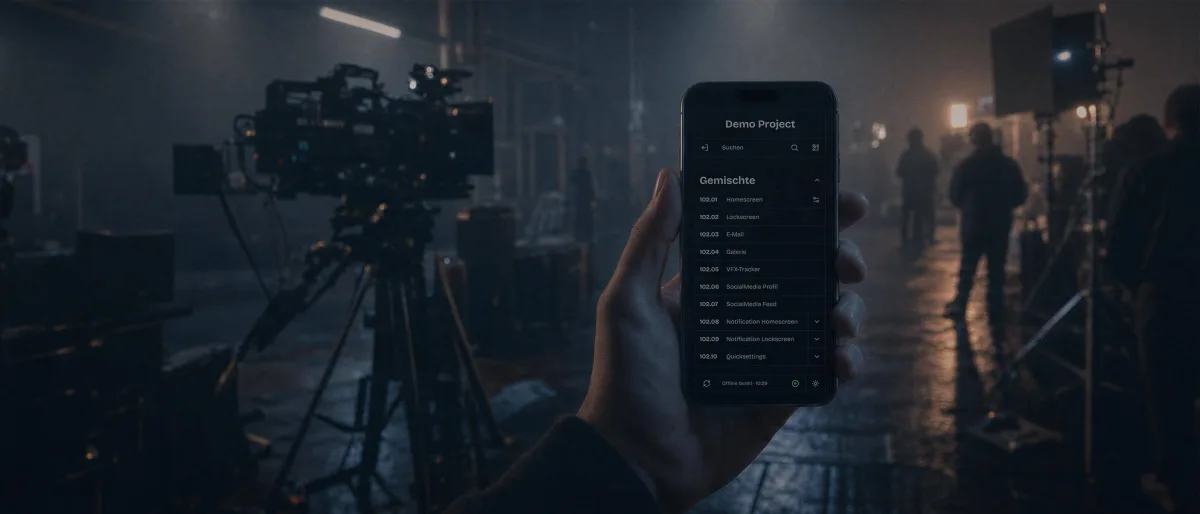Ein Smartphone mit der FilmApp in der Hand an einem Filmset